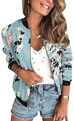 ECOWISH Damen Casual Jacke Blumenmuster Langarm Bomberjacke Reißverschluss Stehkragen Outwear Kurz Coat Herbst Frühling 333Blau L
