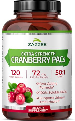 Zazzee Cranberry PACs 72 mg per Capsule, 50:1 Extract, 120 Vegan Capsules, 2X Strength, 4 Month Supply, Fast-Acting, Effective Urinary Tract & Bladder Support, 100% Soluble PACs, Made in the USA