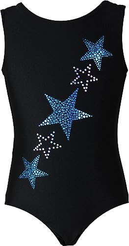 GymStern Gymnastikanzug Turnanzug Sterne Strasssteine Mädchen Kurzarm Kinder Turnbody, Größe:176, Farbe:Lycra Schwarz - Türkis