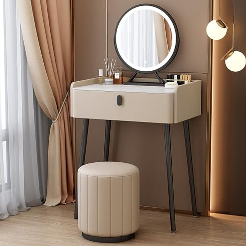 zxhrybh Set da Toeletta, Tavolo Trucco con Specchio Illuminato a LED, Toilette Trucco con Sgabello Imbottito, per Studio Camera da Letto (Color : Champagne, Size : 23.6in/60cm)