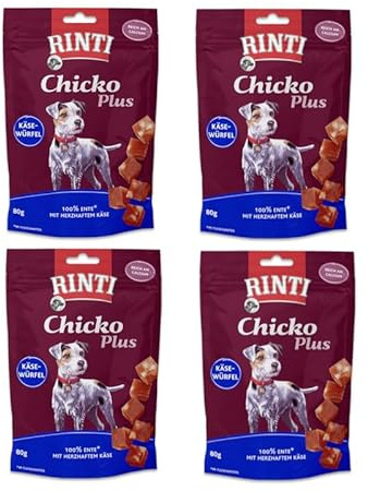 Rinti Chicko Plus Käsewürfel Ente für Hunde | 4er Pack | 4 x 80 g | Schonend luftgetrocknetes Entenbrustfilet | Im praktischen wiederverschließbaren Beutel
