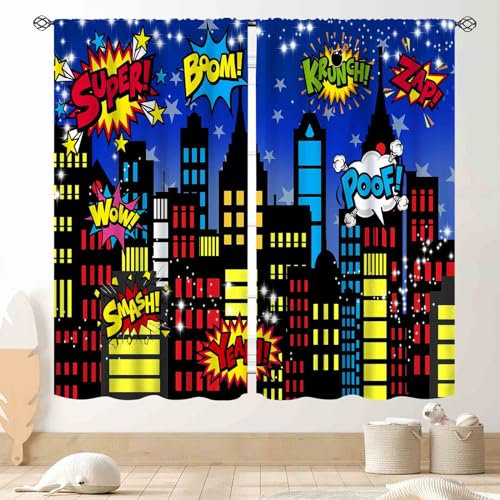 TKUYO Superhero City Curtains, Comic Night Starry Skyline Cityscape Buildings Comic Blackout Window Curtains for Boys Kids Baby Room Bedroom Living Nursery 2 Panel Sets, 42x45 Inch