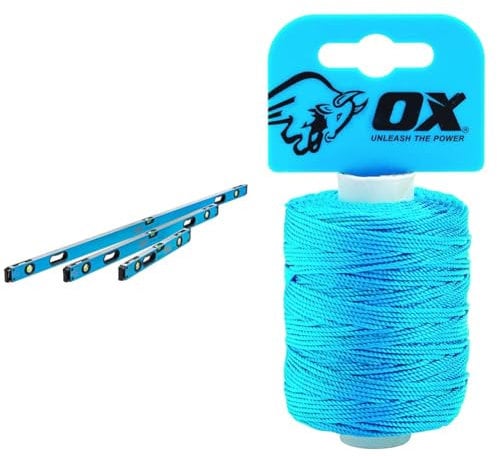 OX Pro Level Bag with 1800mm, 1200mm & 600mm Levels, Black/Blue & OX Pro Nylon High Vis Builders Line 105m / 350ft - Cyan