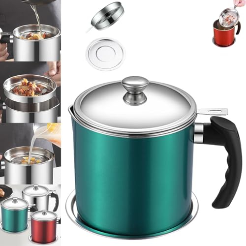 2 in 1 Oil Strainer Pot, 1.2L 304 Stainless Steel Oil Filter Pot, Bacon Grease Container with Strainer, 2 in 1 Oil Strainer Pot Fryer, Filtered Oil Jug with Lid and Easy Grip Handle (Green)