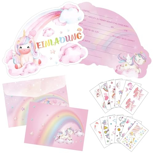 SPHERETRON Einhorn Einladungskarten 12 Stück Einhorn Einladungskarten Kindergeburtstag Einladungskarten Mädchen Geburtstagseinladungen Mädchen Mit Umschlägen Stickern für Geburtstagsparty