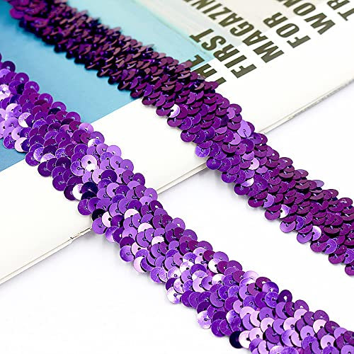 1 Yard Dreireihige Pailletten Stretchspitze, 3 cm Glitzer Zierband Paillettenband, Dekoband Borte Bortenband zum Nähen DIY Handwerk KostüMe Verzierungen, Bastelprojekte,Violett