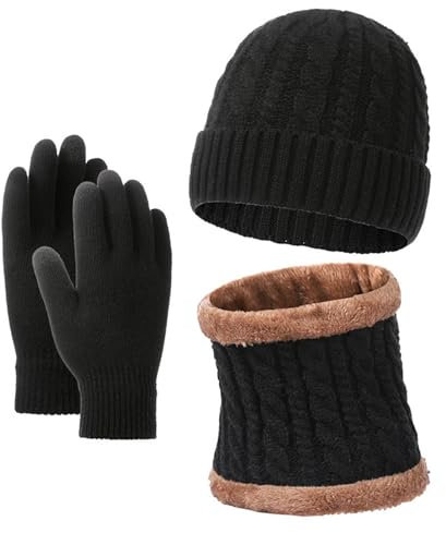 Wintermütze, Schal, Touchscreen-Handschuhe, warme Mützen, Halswärmer, Geschenke für Damen, Herren, Schal, Handschuhe, Mützen-Set für Teenager, Mädchen, Schwarz , One size
