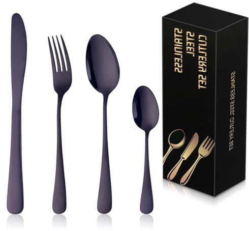 DOCBLACK Stainless Steel Cutlery Set, 24 Piece Black Silverware Flatware Sets for 6, Mirror Polished and Dishwasher Safe, Suitable for Home and Restaurant