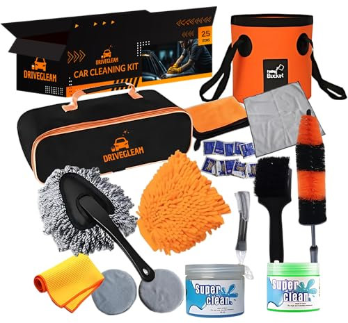 drivegleam 24 Pcs Car Cleaning Kit with Storage Bag, 12L Foldable Bucket, Detailing Brushes, Wash Mitts, Valeting Products- Interior Exterior Car Washing Kit Detailing Gift Set