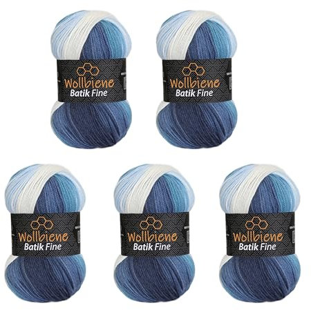 5 x 100g Wollbiene Batik Fine 500 Gramm Wolle mit Farbverlauf mehrfarbig Multicolor Strickwolle Häkelwolle (5500 blau weiß)