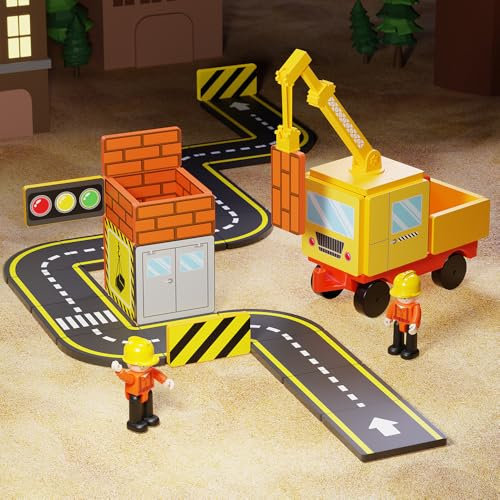 cossy Magnetic Tiles Road Set Age 3+ with Crane, Magnatiles for 3 4 5 6 7 8 Boys&Girls, Magnetic Tiles for Kids, Educational Construction Toys, Gift Toys for Birthday, Children's Day