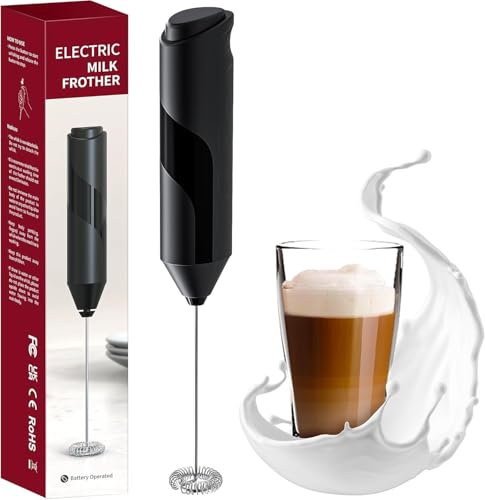 Handheld Milk Frother - Electric Milk Foam Maker with Stainless Steel Whisk - Portable Battery Operated Coffee Stirrer for Lattes,Matcha,Protein Shakes - Ergonomic,Compact,Easy to Clean & Use