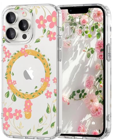 Pepmune Floral Magnetic Case for iPhone 13 Pro Max [Compatible with Magsafe],Clear Anti-yellowing Phone Cover Cute Anti-Scratch Flower Pattern,Soft TPU Slim Bumper Protective for Girls-Cherry Blossom