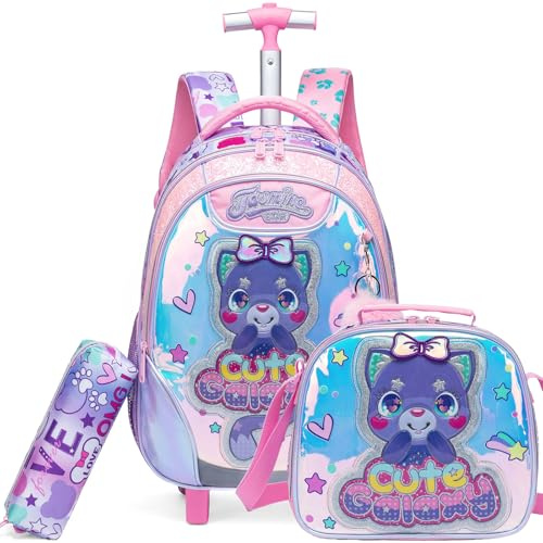 ZBAOGTW Rollrucksack für Kinder von 8 bis 12 Jahren, mit Lunchbox, Rollrucksack für Schule, Kinder, Rucksäcke mit Rollen, Violetter Bär, 16.5 x 11.8 x 7.8 inches
