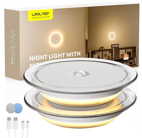 LROLTEF LED Luz Nocturna Retroiluminación con Sensor de Movimiento - 3000K 1200mAh Lámpara nocturna magnética Recargable para Dormitorios, Escaleras, Pasillos | Cubierta transparente 2 Piezas