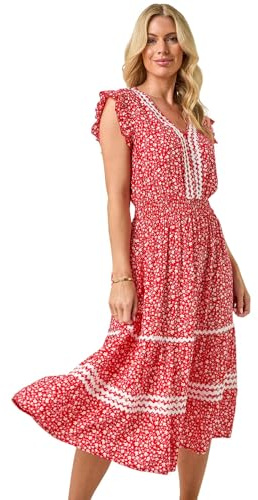 Roman Petite Floral Print RIC Rac Midi Dress for Women UK - Ladies Everyday Holiday Spring Summer V-Neckline Comfy Soft Evening Vacation Work Party - Petite Red - Size 14