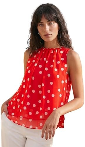 Roman Originals Floral Double Layered Pleated Top for Women UK - Ladies Everyday Holiday Spring Summer Round Neckline Comfy Soft Evening Vacation Work Party - Red - Size 12