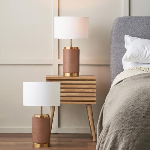 Pacific Lifestyle Set of 2 Wood Effect Ceramic Table Lamp For Bedroom | Pair of Brown and Gold Art Deco Lamps Complete with Shade | Elegant Living Room Lighting 2 Pack