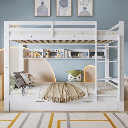 Oyemige Letto a Castello 90x200 cm, Letto per Bambini con Letto Estraibile, Modern Letto Matrimoniale con Parapetto e Scala, Struttura In Pino, con Parapetto, Rete A Doghe, Bianco, Senza Materasso