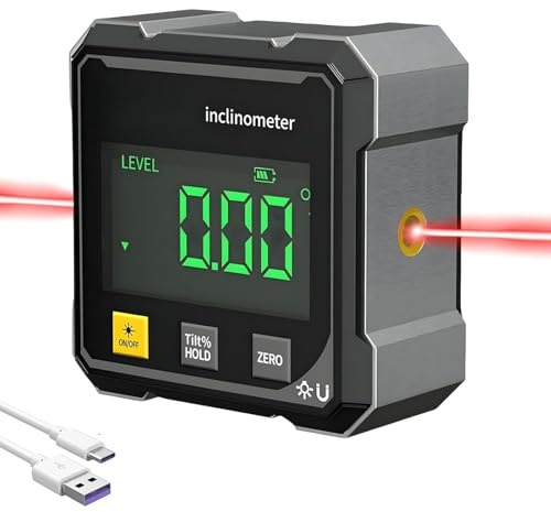 4-Seitiger Magnetischer Digitaler Winkelmesser mit Laser, Laser Wasserwaage mit LCD Display, Type-C Schnittstelle IP54 Wasserdicht Digitale Wasserwaage für Arbeiten, BAU und Wasserwaagenboxen (A)