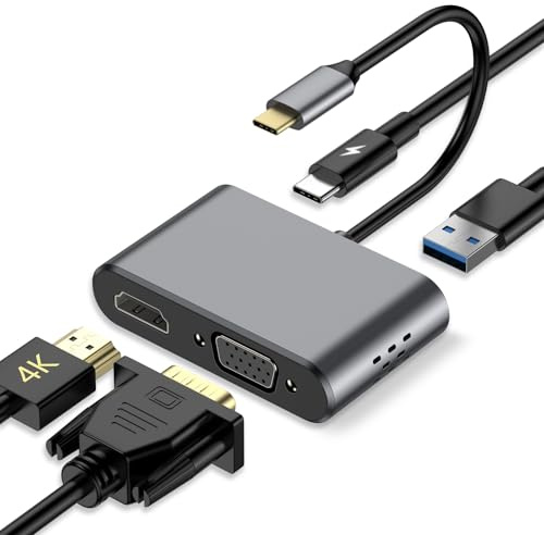 USB C Hub, 4 IN 1 Adattatore USB C HDMI VGA per MacBook Tablet Portatili | Adattatore USB C VGA • 100W PD • 4K HDMI • USB C 3.0 • USB A 3.0 • Dispositivi Type-C OTG • Adattatore USB MacBook