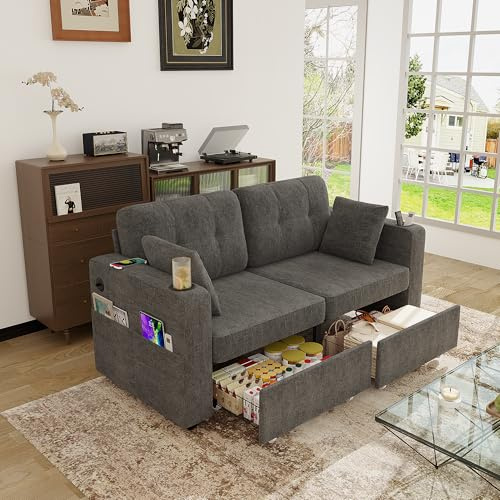 FammyLoft Sofa 2 Sitzer mit Versteckten Stauraum, Eckcouch mit USB-C, Kleines Sofa mit Getränkehaltern und Seitentaschen, Zwei Schubladen, Geeignet für Wohnzimmer/Schlafzimmer/Wohnungen, Grau