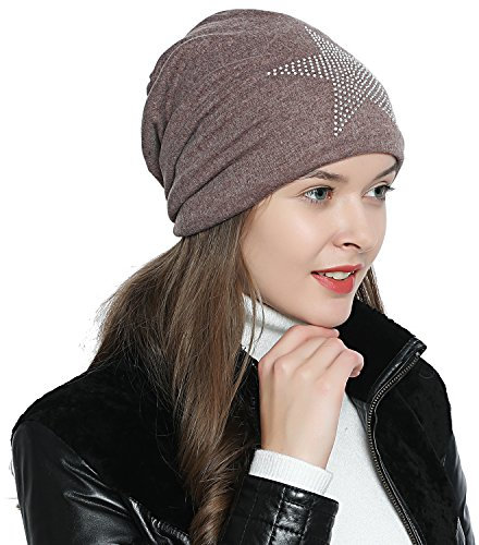 DonDon Mütze Damen Wintermütze Slouch Beanie gefüttert mit Strass Stern braun