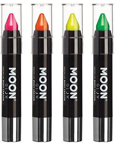 Moon Glow - Neon UV Face Paint Stick / Body Crayon makeup for the Face & Body - Intense set of 4 colours - Glows brightly under UV lighting