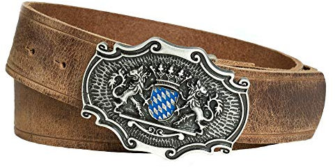 Enzianblau Echtleder Gürtel; Trachtengürtel; Bayerwappen blau-weiß und bayer. Löwen, Gürtel passend zur Lederhose (90)