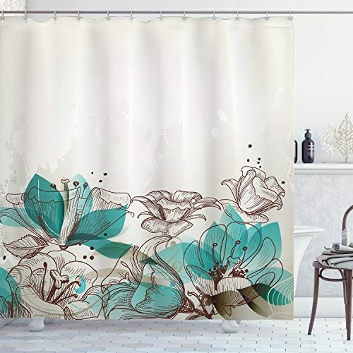 ABAKUHAUS Türkis Duschvorhang, Retro Hibiscus Kunst, Stoffliches Gewebe Badezimmerdekorationsset mit Haken, 175 x 240 cm, Beige Teal