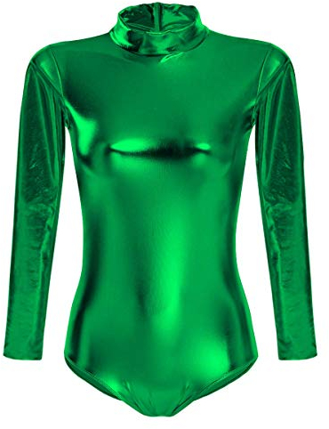 Damen Glänzende Ballettanzug Ballettbody Sport Tanz Body Gymnastikanzug Trikot Langarm Bodysuit Metallic Wetlook Einteiler Turnanzug Leotards Overall Lack Leder Oberteile Top Kostüm Dunkelgrün XL