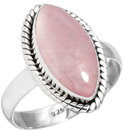 Jeweloporium Bague en argent sterling 925 avec quartz rose (taille 59,5), bijou fait main en pierre précieuse marquise.
