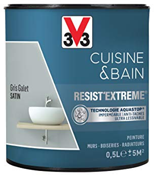 V33 Peinture multi-supports monocouche Cuisine & Bain Resist'Extrême® Satin, Gris Galet, 0,5L
