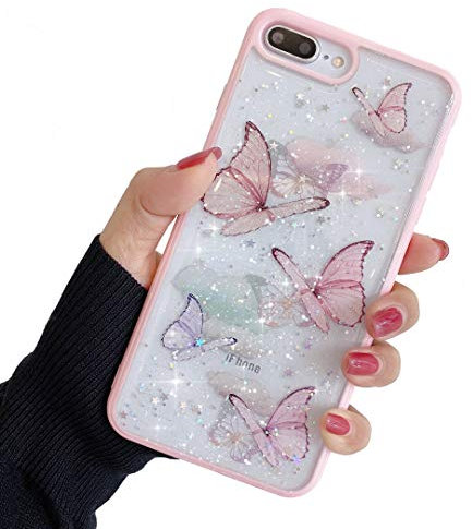 ZTUOK Compatible iPhone 7 Plus/8 Plus Case for Girls, Soft Slim Fit Full-Around Protective Cute Clear Sparkly Bling Star Butterfly Pattern Phone Case Glitter Cover - Pink