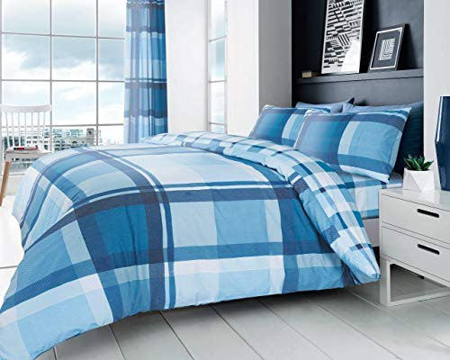 GC GAVENO CAVAILIA Housse de Couette et taies d'oreiller en Polycoton à Carreaux pour lit King Size (230 x 220 cm) | Housses de lit Douces Bleu