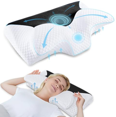 HOMCA Almohada Cervical de Espuma Viscoelastica, Almohada Ortopedica para Soporte de Cuello, Almohadas Ergonómico para Dormir de Lado y Boca Arriba, Negro