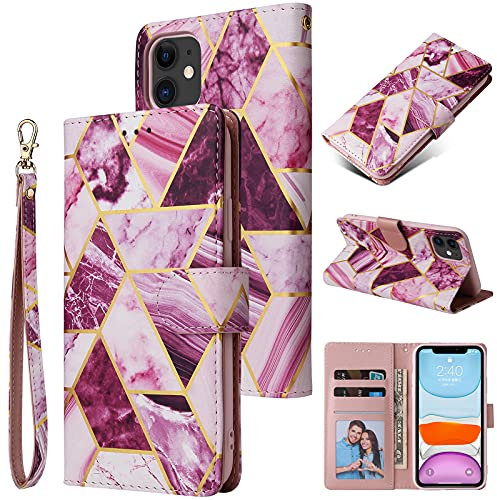 Daole Geometric Marble Wallet Case for Iphone 11 Pro Max Women Purple, PU Leather Magnetic Flip Case for Iphone 11 Pro Max Printed Pattern with [Wrist Strap] [Card Holder] [Kickstand]
