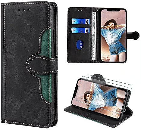 FMPCUON for Apple iPhone 12 Pro Max 6.7 Case,Apple iPhone 12 Pro Max 6.7 Leather Wallet Cover,Flip Folio Protective Phone Case with Wallet Card Holder + Tempered glass *2,Black