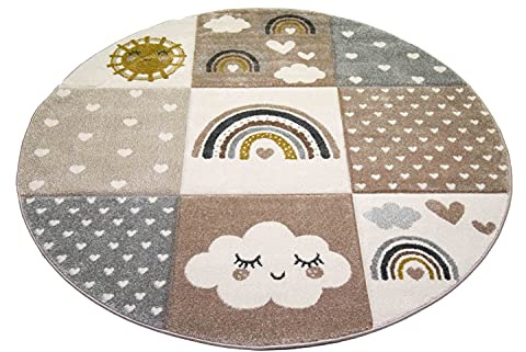 CARPETIA Teppich Kinderzimmerteppich Kinderzimmer Teppich Herzchen Wolken Regenbogen Punkte grau beige braun Größe 120 cm Rund