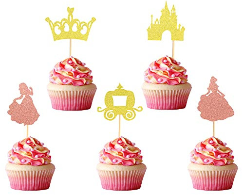 Arthsdite 40 Stück vormontierte Prinzessin Cupcake Toppers Krone Schloss Mädchen Cupcake Toppers Geburtstag Obst Picks für Prinzessin Thema Party Dekoration