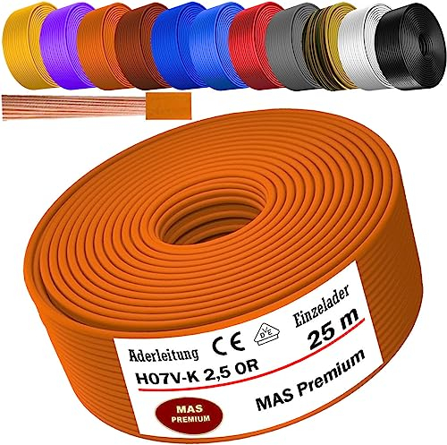 De 5 à 100 m - Câble conducteur H07 V-K 2,5 mm² - Noir, bleu clair, vert/jaune, rouge, bleu foncé, marron, orange, gris, blanc, violet ou jaune - Fil unique flexible (orange, 25 m)