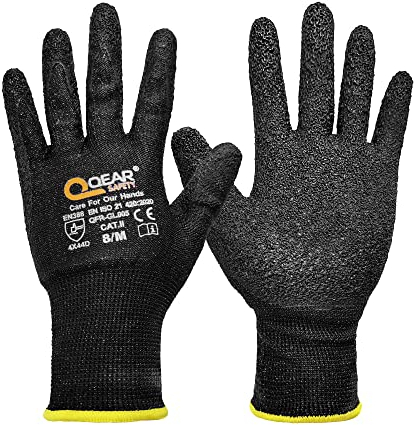 QEARSAFETY 1 Pair Black HPPE Cut 5 Protection Work Safety Gloves, Textured Grip Latex Rubber Palm Coated, Abrasion, Snug, Tough,Cut Sharp Glasses, Metal Work, Construction,DIY(Small)
