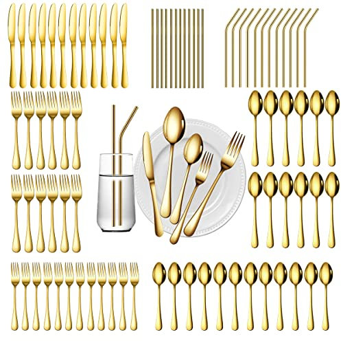 Gutuwellea Gold Cutlery Set, 84 Pieces Stainless Steel Cutlery Set for 12 Cutlery Set Dishwasher Safe (Gold, 84)