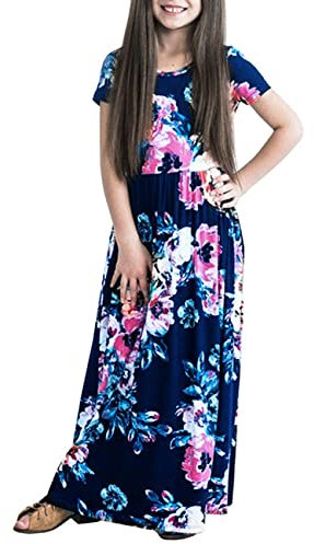 Dongpai Girls 3/4 Sleeve Floral Maxi Dress Pleated Casual Swing Long Maxi Holiday Dress with Pockets, Navy Blue-floral Short Sleeve, 3-4 Years