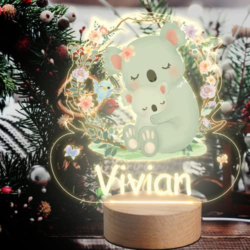 VEELU Veilleuse pour Enfant Koala Personnalisé Prenom LED Lampe Lumière de Chevet Cadeau de Baptême pour Garçon et Fille Naissance Décoration de Chambre Bebe