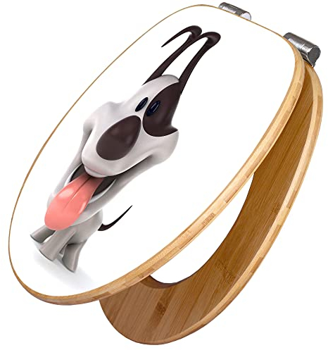 banjado Design WC Sitz Bambus Absenkautomatik 45,8x37,5cm / Toilettendeckel mit Absenkautomatik Holz/hochwertiger Bambus Klodeckel/WC-Sitz für gängigen Toiletten/Motiv Comic-Hund