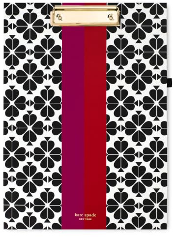 Kate Spade New York A4 Clipboard Folio with Low Profile Clip, Professional Padfolio Includes Lined Notepad, Pen Loop, and Pocket, Black Spade Flower