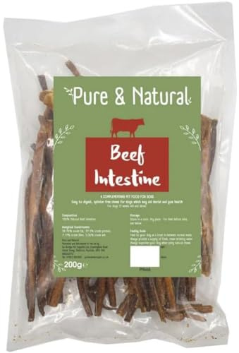 Pure & Natural Beef Intestine for Dogs 15cm - High Protein, Hypoallergenic Dog Treats & 100% Natural Dog Chews for Puppies 12 Weeks and Up - 200g Bag