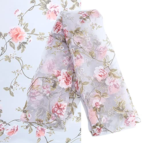 GORGECRAFT 130cm Breit 3D Blumen Gedruckt Organza-Stoff Spitzenstoff Rosa Gedruckt Stoff Blumen Zum Nähen von Kleidern Ballkleid Stilvolles Kostüm Heimdekoration DIY Handwerk