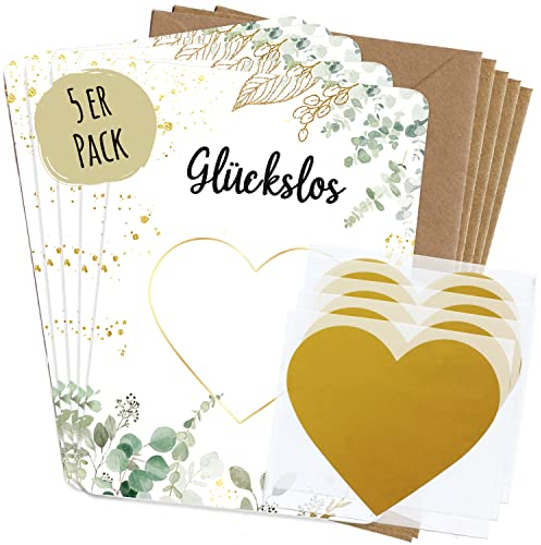 JEKA 5 Rubbellose selbst machen, Rubbelkarte zum selbst beschriften – Glückslos selbst machen mit Rubbelherz Gold, Geschenk Gutschein mit 5 Umschlägen, Gutschein Karte